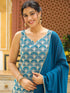 Teal Blue Georgette Embroidered Straight Kurta with Sharara & Dupatta Set